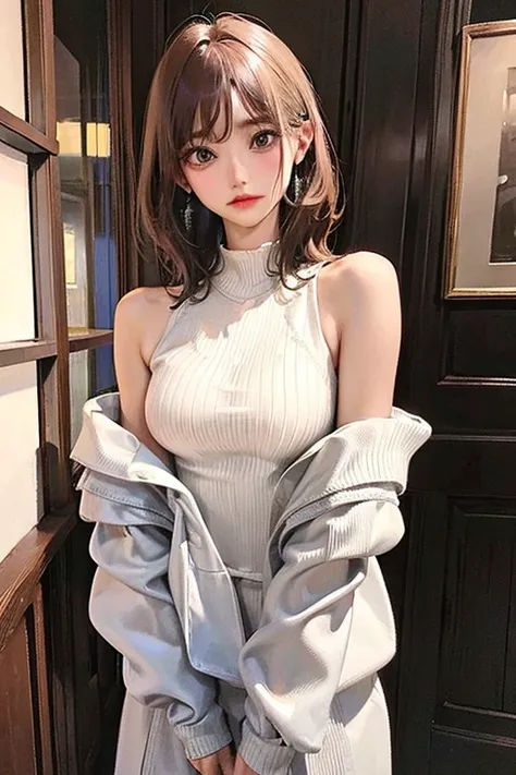 (highest resolution、clear_image)highest quality、woman、very detailed、semi-realistic、light cream hair、short hair、Long neckline、gray eyes、21 years old、shoulder length hair、mature、young、V-neck sweater、exquisite features、Cowboy Shot、Brown Eyes、Waist up shot