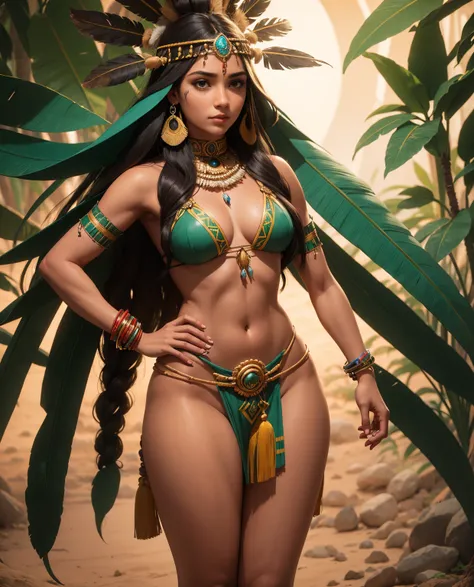 (((full body))), ((uma mulher de 28 anos em um traje nativo com penas)), rosto inspirado em nativos brasileiros, ((portrait of a 28 year old Brazilian indigenous woman Indigenous Goddess)), ((estilo maia)), ((Amazonian Indigenous Makeup)), ((Amazonian indi...