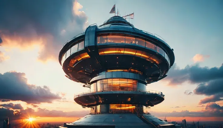 Describe a futuristic tower that rises imposingly through a dense layer of clouds, reaching dizzying heights as the sun sets in the background. The warm glow of the setting sun contrasts with the cool tones of the clouds and the elegant, metallic surface o...