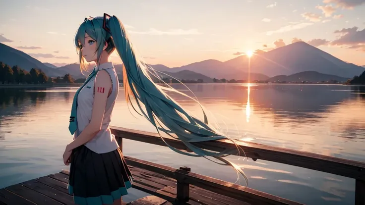 Hatsune Miku in the sunset、Standing on a wooden bridge beside a quiet lake。She is close to the camera、Gazing into the distance with a calm expression。Her hair flutters in the wind、In the background is a calm lake and a sunset sky.。