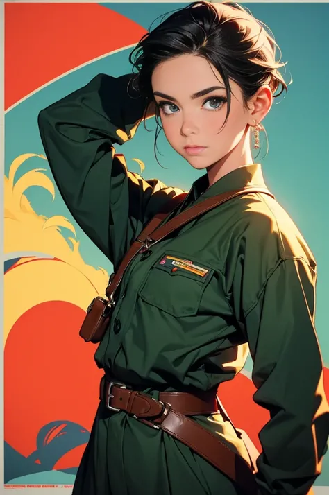 Arte Inspirada John Buscema, World War II poster, vemos uma enfermeira (1mulher)segurando uma pasta, uniforme hospitalar perfeito, short hair up to the shoulders, cor negro, olhos verdes claros, seios pequenos, corpo delgado, imponente em uma tenda hospita...