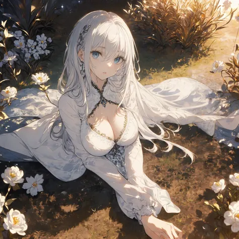 (Landscape photo, with a woman in the bottom right of photo:1.5, in white garden:1.5), Masterpiece, best quality, (very detailed CG unity 8k wallpaper), (best quality), High definition RAW color art, Animation,sculptures, (black Marble Skin), (((Ultra deta...