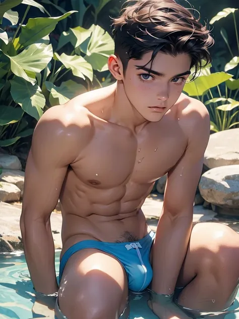 Adolescente boy, cabelo roxo, olhos azuis, musculoso, sem camisa, apenas de cueca jogando agua sobre seu corpo, se divertindo em um fonte.