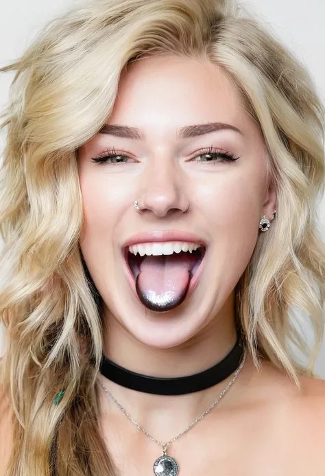 GeorgiaEllenwood, long hair, looking at viewer, smile, open mouth, blonde hair, simple background, bare shoulders, jewelry, tongue, tongue out, necklace, piercing, sharp teeth, portrait, realistic, tongue piercing