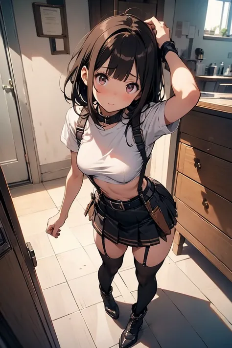 brown hair、looking at the viewer　　suspenders　　　big breasts　　 　 　　　　black mini skirt　garter belt　knee high socks　　　　　　Aerial perspective　　　small face　bangs 　　　　　Beauty　　hands up　　 　sideways view 　black boots 　provocation　　　one person 　　　　　　hands behind　put ...