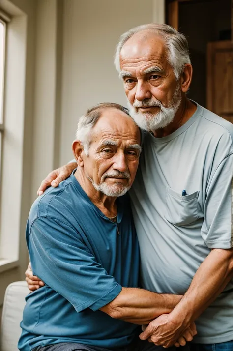 A old man sitting A22year boy standing behind the old man and hugs him