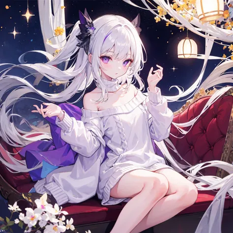 ((Best quality)), ((masterpiece)), (detailed), beautiful sweet girl, night, slender legs, long off-shoulder sweater, albino, Violet eyes, detailed hands View from the girl&#39;s back