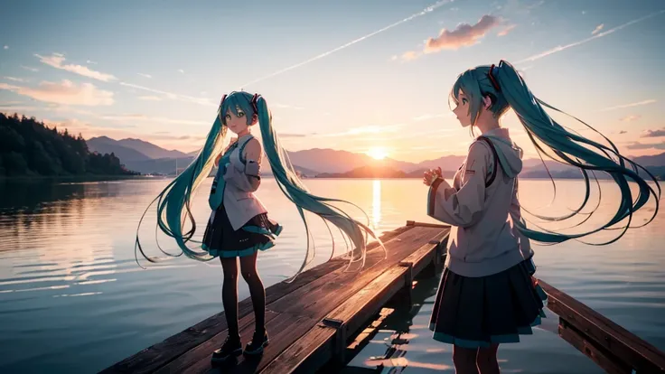 Hatsune Miku in the sunset、Standing on a wooden bridge beside a quiet lake。She is close to the camera、Gazing into the distance with a calm expression。Her hair flutters in the wind、In the background is a calm lake and a sunset sky.。