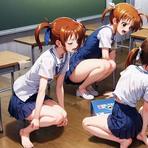 Highest quality,Highest quality,One girl,10 years old,Mouth closed,orgasm,blush, Sweat,Nanoha Takamachi,Takamati Nanoha,Twin tails,Hair Ribbon,((One Piece Uniform:1.3)),classroom、White panties、Squat、Look at this、skirt