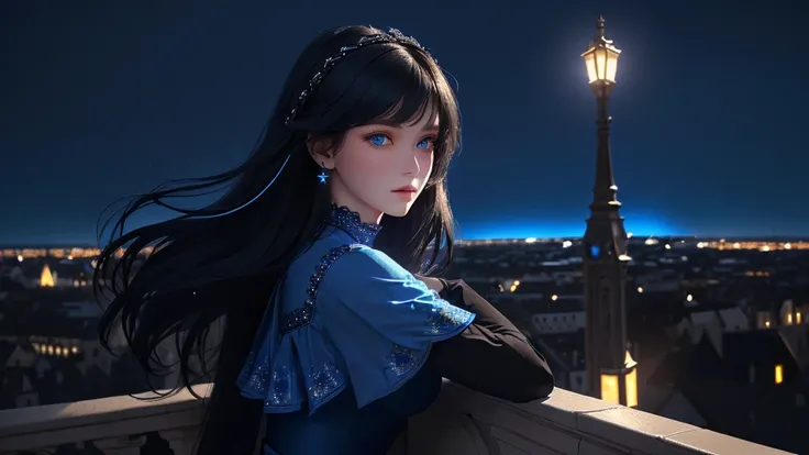 ultra-detailed, beautiful eyes, detailed eyes, detailed face, ultra-detailed, beautiful eyes, Black medium hair, high angle shot, Woman with beautiful blue eyes, Sad expression, (((You are looking at a medieval European night scene with a fantastic spread ...