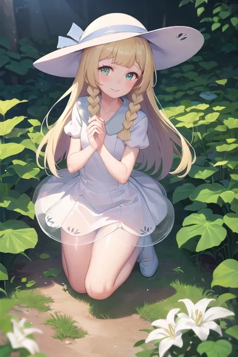 1 girl, masterpiece, top quality, lillie (pokemon), lillie, dress, green eyes, blonde hair, long hair, white dress, blush, white...