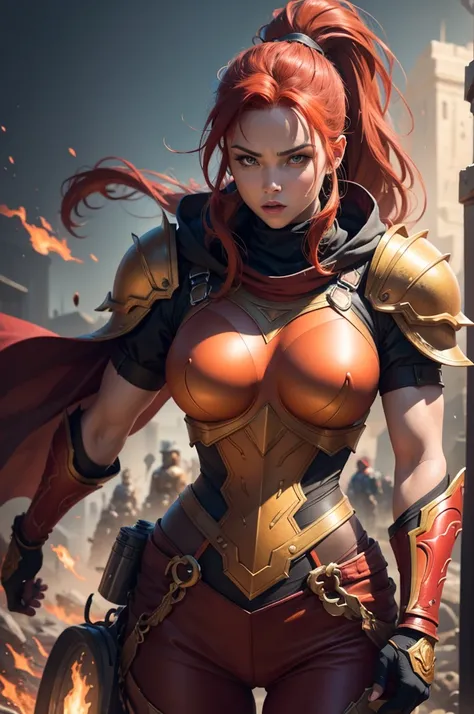 A muscular female warrior with red hair in a high ponytail, wearing a red and gold armored outfit. Her costume includes a form-fitting top and large shoulder guards, with a dark cloak around her neck. The background is dark with orange flames, adding a dra...