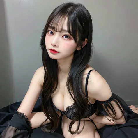 （NSFW）,masterpiece、（Waistline、Big Ass）、（Black Lingerie、garter belt、 ）、（Double eyelids、Tear bags、Long eyelashes、Big, round eyes）,bangs、Beautiful 20 year old woman、a japanese beautihul girl、kolian makeup,（black long hair）,highest quality, figure, Very detail...