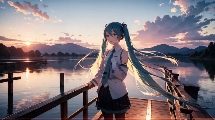 Hatsune Miku in the sunset、Standing on a wooden bridge beside a quiet lake。She is close to the camera、Gazing into the distance with a calm expression。Her hair flutters in the wind、In the background is a calm lake and a sunset sky.。