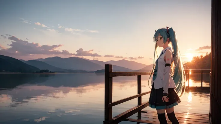 Hatsune Miku in the sunset、Standing on a wooden bridge beside a quiet lake。She is close to the camera、Gazing into the distance with a calm expression。Her hair flutters in the wind、In the background is a calm lake and a sunset sky.。