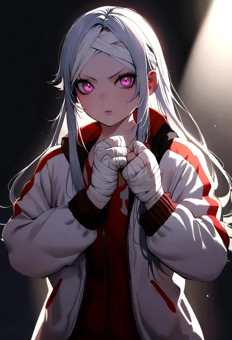 A sporty girl, flache Brust, pinkes Haar, kurzes unordentliches Haar, lila Augen, wears a white MMA outfit and a shoulder-free jacket, Schultern freigelegt, punk, hart und aggressiv, Boxing bandages around the hands