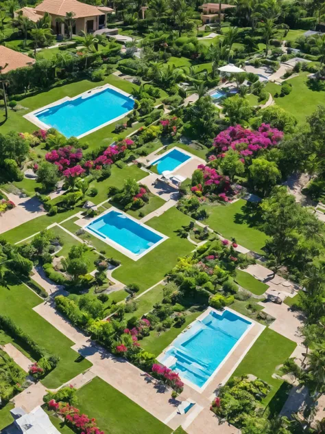 the villa has a flower garden in front of the house and there is a pool