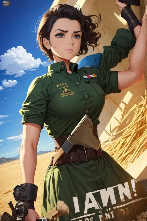 Arte Inspirada John Buscema, World War II poster, vemos uma enfermeira (1mulher)segurando uma pasta, uniforme hospitalar perfeito, short hair up to the shoulders, cor negro, olhos verdes claros, seios pequenos, corpo delgado, imponente em uma tenda hospita...