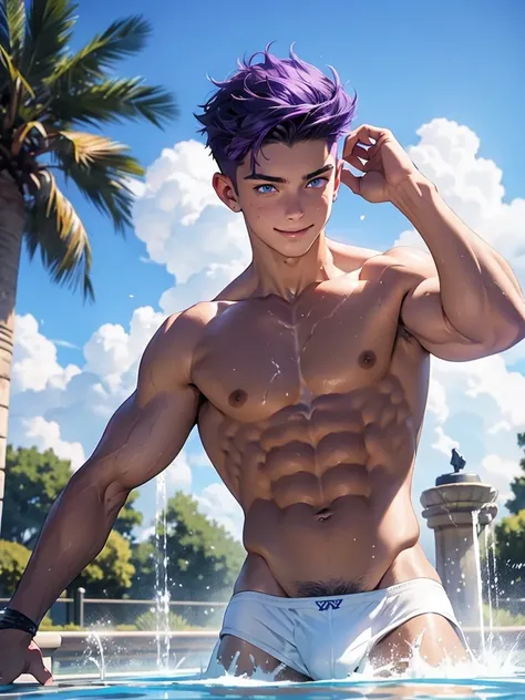 Teenage boy, purple hair, blue eyes, muscular, shirtless, just wearing underwear throwing water over his body, having fun in a fountain. He is happy, his eyes shine with happiness 