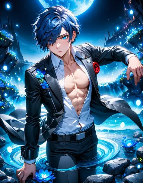 absurdres, highres, ultra detailed, HDR, masterpiece, Yuki Makoto, dark blue hair, hair over the left eye, expressive blue eyes, Persona 3, solo, sexy man, handsome, toned chest, black jacket, white shirt, magical, fantasy, water, blue moon, starry, blue f...