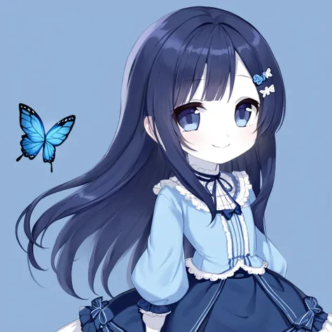 A beautiful  with a sweet Lolita smile, has long dark blue hair, dark blue eyes, wears a blue shirt with a short blue skirt, wears a hair clip, Wearing a blue butterfly-shaped hairpin, smiling very sweetly,Very cute smile,  little body, normal white skin, ...