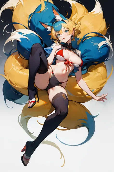 NSFW,Lonely,  (Fox Ears), Beautiful Eyes, Blonde，顔のdetailed, Green Eyes, Red eyeshadow, Lips are red,  Fake Laughter, ukiyo-e, masterpiece, high quality, Big Breasts，black tights，High heels，Exposing thighs，bikini,((masterpiece,最high quality)), Perfect hand...