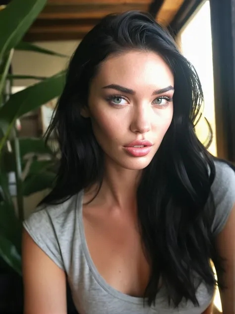 a realistic instagram photo of a [ really beautiful exotic androgynous supermodel 19 year old woman] , with [long, dark hair ] , looks like [Megan FOX] and [Adriana Lima], natural light, looking [  innocent, cute, flushed] , [light] skin --ar 9:16 --styliz...