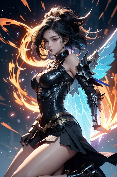 Vertical screen、Full Body、A beautiful Japanese warrior with cosmic beauty stands。She has a strong presence against a vibrant orange background.。Mint green short hair、It has a pair of large horns on its head.。Her expression was serious and、Makes you feel st...