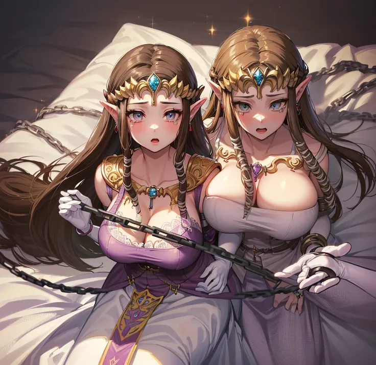 ((((restrained, shackles)))),(((Being restrained by restraints)))),((((overhead shot)))))),((Very detailedな手)),((Princess Zelda)),((Twilight Princess)),))),(Lie down in bed),((Are crying)),((Purple blouse)),(((((A large number of restraints are restraining...