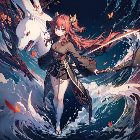 ((High resolution　Redhead　Long Hair　Tie-up hair　Black kimono　red band　Goddess of victory　smile　Standing on the surface of the water))　((Red butterfly　night　Japanese style　shoulder　old　Shining Aura　rain))　(((Grasp the sword　Japanese sword　long blade　Light r...