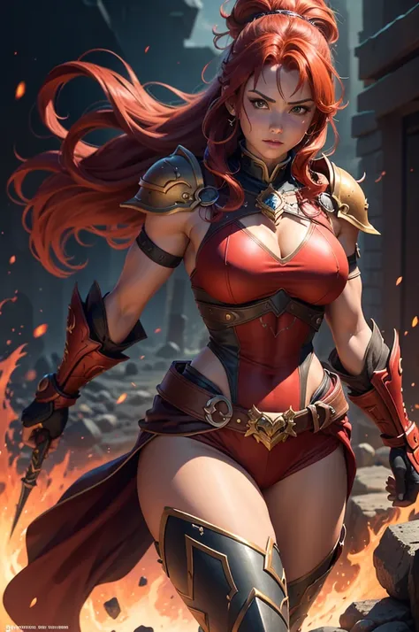 A muscular female warrior battle chasers nightwar red monika with red hair in a high ponytail, wearing a red and gold armored outfit. Her costume includes a form-fitting top and large shoulder guards, with a dark cloak around her neck. The background is da...