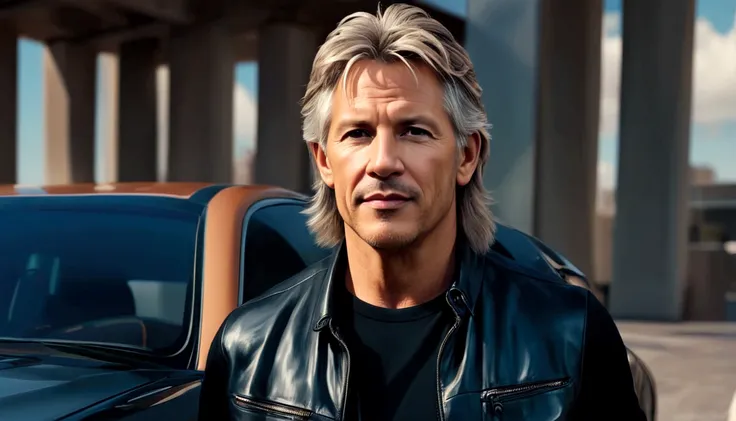 a young man called lineker, 50 years old, he has a face similar to Jon Bom Jovi, he has light hair, brown eyes, black blouse, black pants, black sneakers, opening the door