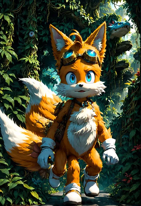 1boy, tails_boom, amidst lush tropical rainforests, tails dances with vibrantly colored creatures, weaving through dense vines a...