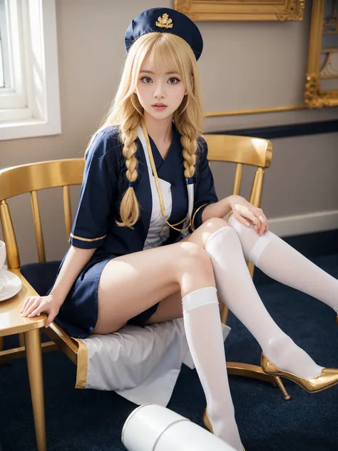 A blonde hair anime nurse girl, navy blue and white nurse outfit with golden decorations, wearing black stockings on legs, sitting on chair