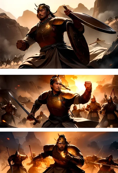 Chinese soldiers, Shield, sword, Combat armor, A well-disciplined team, Powerful Warrior, intricate designs on Shield and sword, Determined Soldier, Ancient battlefield, Intense fighting scenes, Heroic Acts, Historical battle reenactments, Well-crafted wea...