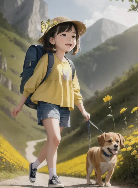 An incredibly charming  carrying a backpack, accompanied by her adorable puppy, enjoying a lovely spring outing surrounded by beautiful yellow flowers and natural scenery. The illustration is in high definition at 4k resolution, with highly-detailed facial...