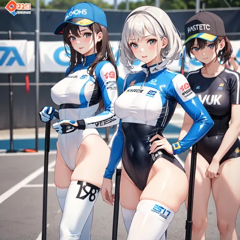 (masterpiece, best quality: 1.2), pretty girl, 18 yo, (white, race queen), (fight-fitting grid girl outfit with sponsors logo printed:1.3), tight-fitting high leg leotard, long-sleeve latex leotard, medium breasts, cowboy shot, looking at viewer,
 short ha...