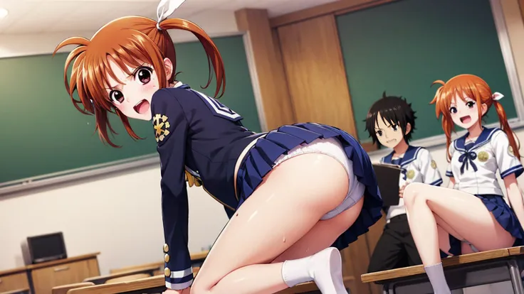 Highest quality,Highest quality,One girl,10 years old,Mouth closed,orgasm,blush, Sweat,Nanoha Takamachi,Takamati Nanoha,Twin tails,Hair Ribbon,((One Piece Uniform:1.3)),classroom、White panties、Squat、Look at this、skirt