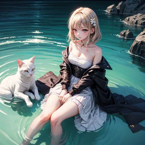 masterpiece,highest quality,1 white cat,walk on blue water,beautiful ripples,transparency,dreamlike digital painting, magical colors and atmosphere,soft movie-like light,From above,pastel tones,(Highly detailed elegant),(4k anime style)