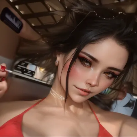 there is a woman in a red top holding a cigarette, 8k artgerm bokeh, ig model | artgerm, instagram model, 8k)), 8 k realistic digital art, sexy girl, 🤤 girl portrait, sexy face, sakimichan frank franzzeta, artgerm ; 3d unreal engine, ultra realistic 8k oct...