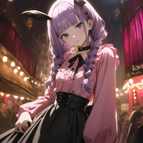 (yuri 2girls:1.5), (one girl with closs hair pin,pale purple hair,wavy two braids,blunt bangs hair,green and black eyes,
pink shirt,cosplay, jirai kei, bangs, black skirt, black bow, looking at viewer, bow, long sleeves, choker, ribbon,pink lips, :1.4),BRE...