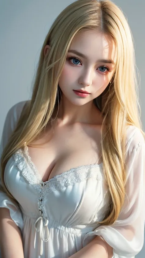 (((Blonde、forehead、long hair、White background、dress、Russia、Northern Europe、シンプルなWhite background)))、masterpiece, Highest quality, 8k,, 20th Generation, (Large Breasts:1.2), Background is white,  cute, alone, sad, close, cute, Girlish, Delicate girl, Pure b...