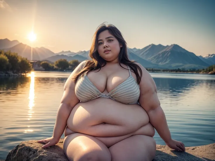 Rule_of_thirds, 1 girl, (extremely obese):1.3, (obese belly):2, (obese legs), fat rolls, SSBBW Adeline body, Serene expression, mesmerizing eyes, gorgeous supermodel face, flowing dress, porcelain skin, subtle blush, crystal pendant
BREAK
golden hour, (rim...