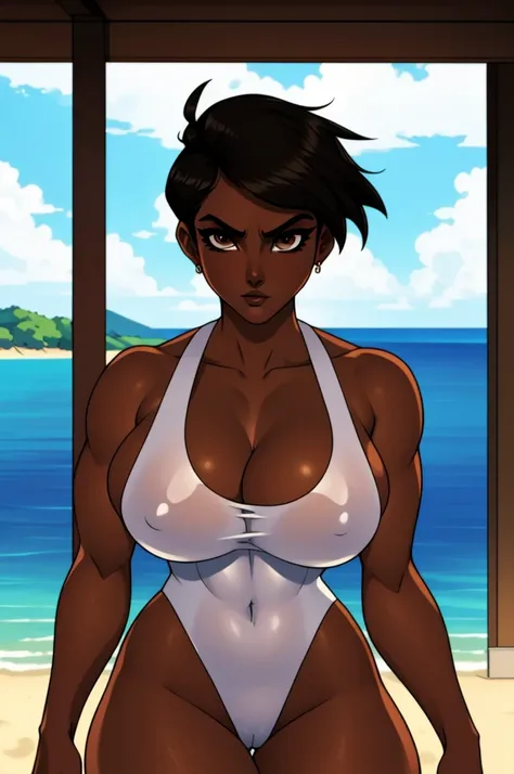 ((ultra quality)), ((masterpiece)), Lois Lane, ((black short hair tomboy hairstyle)), (Beautiful face), (beautiful female lips), (), charming, ((sexy facial expression)), (Dark skin color), (dark skin), glare on the body, ((detailed beautiful female eyes))...