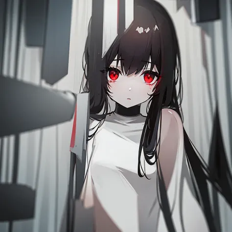 anime girl singing while sobbing, dark ambient, white skin, black hair, red eyes, holding microphone