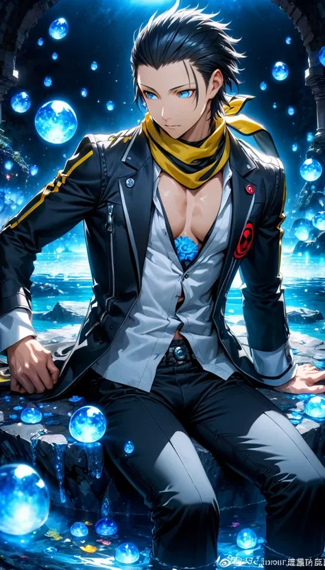 absurdres, highres, ultra detailed, HDR, masterpiece, Mochizuki Ryouji, black hair, ruffled slicked back, expressive blue eyes, Persona 3, solo, sexy man sitting, handsome, toned chest, yellow scarf, black jacket, white shirt, black pants, magical, fantasy...