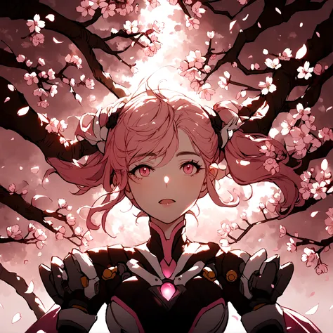 Pink mercy from overwatch surrounded by cherry blossoms