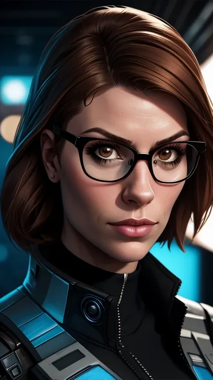 (cyberpunk military scientist:1) (1woman) dark theme :: focus on closeup face, curious face, Katee Sackhoff face, ultra realistic futuristic cyberpunk tall athletic woman, :: medium brown hair, futuristic glasses nerd :: inside cyberpunk office :: brown ey...