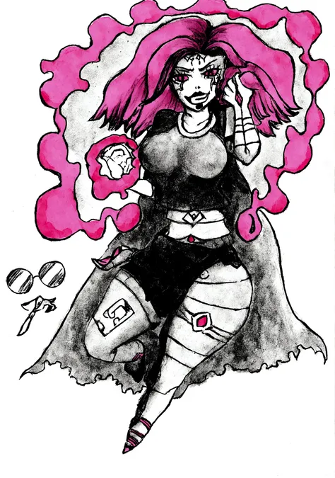 a drawing of a flying pink haired woman, inspired by Jin Homura, female occultist, pink humanoid female squid girl, high resolution, sacred cyborg necromancer girl, inspired by Kawabata Ryūshi, pink iconic character, Sakura Haruno in Slug Sage mode, charac...