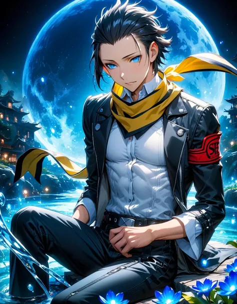 absurdres, highres, ultra detailed, HDR, masterpiece, Mochizuki Ryouji, black hair, ruffled slicked back, expressive blue eyes, Persona 3, solo, sexy man sitting, handsome, toned chest, yellow scarf, black jacket, white shirt, black pants, magical, fantasy...